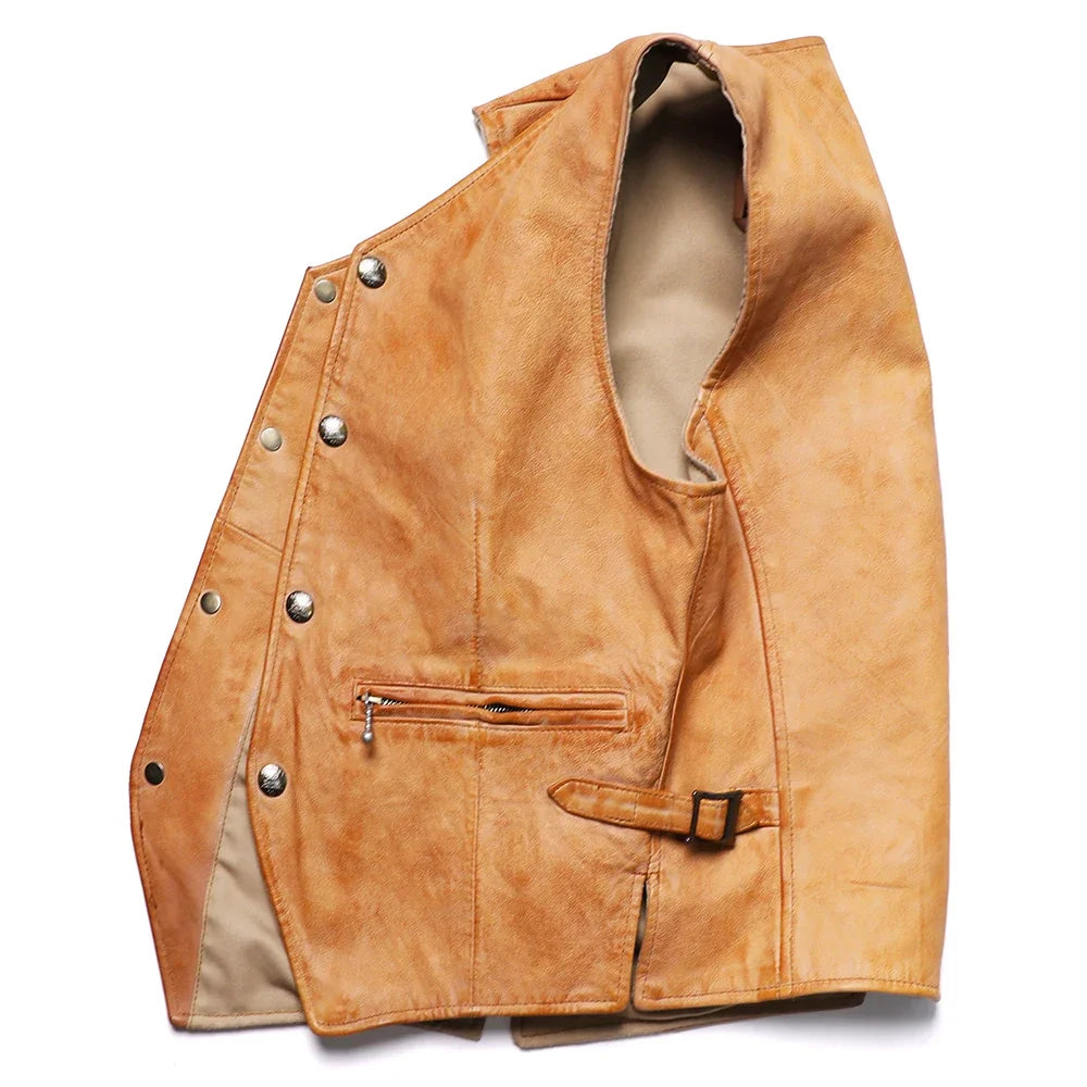 Retro Vintage Herren Lederweste aus Schafs- & Ziegenleder – Gelbe Slim Fit Weste mit V-Ausschnitt, kurz & ärmellos