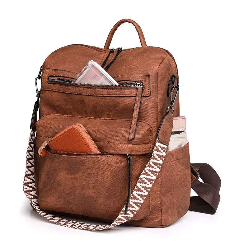 Großer Damen Laptop Rucksack aus wasserfestem PU-Leder – Anti-Diebstahl Retro Backpack mit extra viel Stauraum (36–55 L)