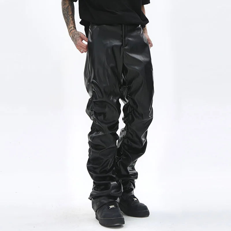 Herren PU Lederhose im Hip-Hop & Harajuku Style – Plissierte Streetwear Hose mit weitem Schnitt, schwarze Kunstlederhose für Alltag & High Street