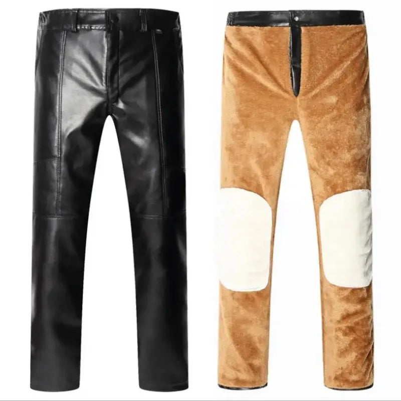 Herren Winter PU Lederhose mit Fleece-Futter – Extra warme Kunstlederhose in großer Größe, bequeme Casual Winterhose
