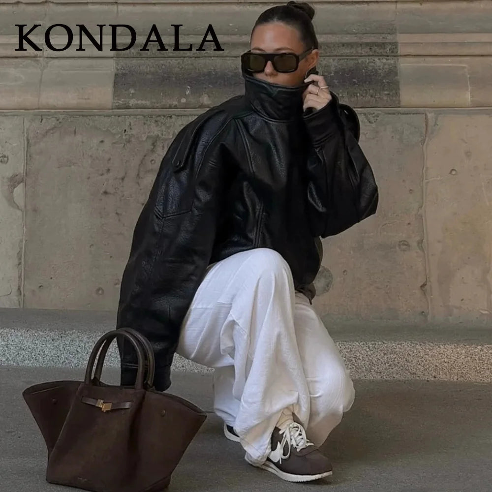 KONDALA Damen Kunstleder Mantel Herbst & Winter 2025 – Vintage Faux Leather Coat mit Reißverschluss, Umlegekragen & Epauletten, Streetwear Look