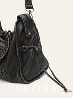 Vintage Tote Bag aus gewaschenem PU-Leder – Große Schulter- & Crossbody Tasche mit Zipperfächern, Flecht- & Quastendetails