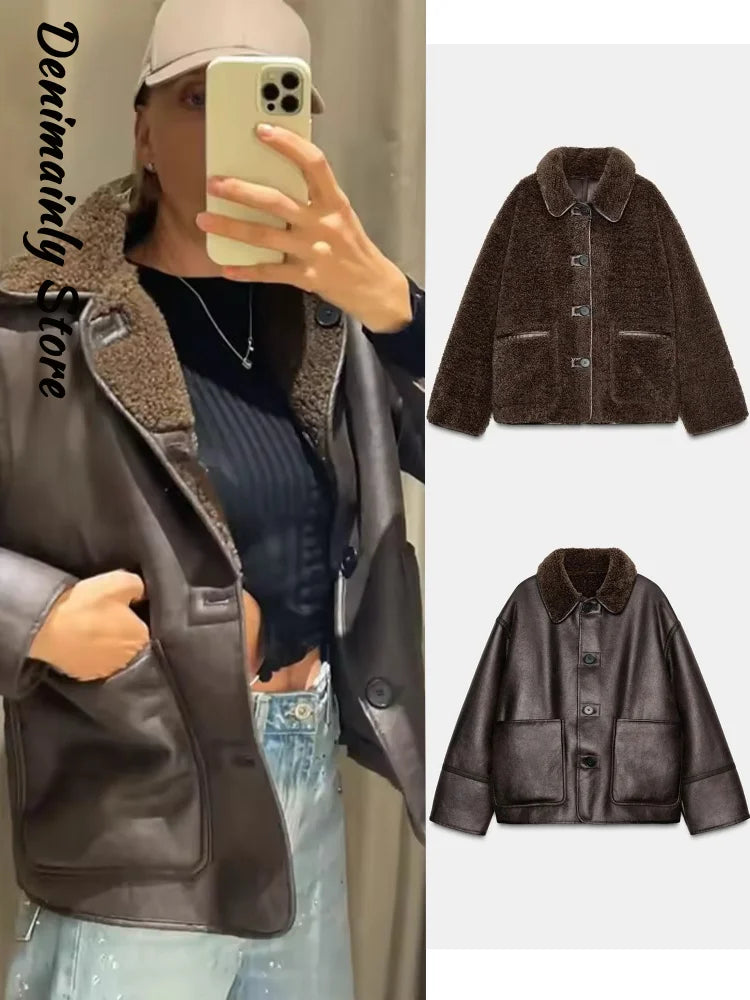 Reversible Damen Faux Lederjacke mit Lammwolle – Wendejacke im Streetwear-Stil mit Reverskragen & Knopfleiste für Herbst & Winter