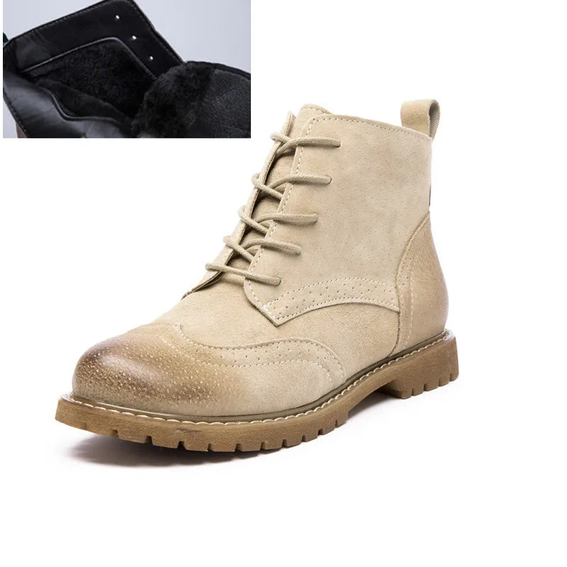 Damen Stiefeletten aus echtem Leder & Wildleder – Britische Retro Ankle Boots mit Schnürung, Fellfutter & niedrigem Blockabsatz (Herbst/Winter 2025)