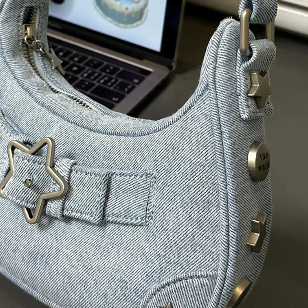 Sac à bandoulière vintage Y2K pour femme – Sac hobo en denim rétro avec design arrière, fermeture éclair et couleur unie