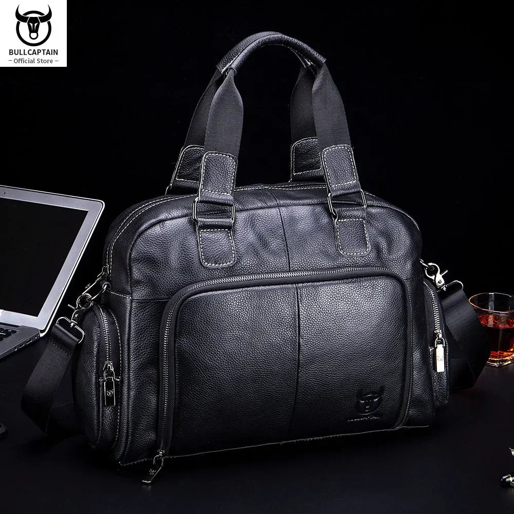 BULLCAPTAIN Herren Aktentasche aus echtem Rindsleder – Business &amp; Freizeit Laptoptasche für 14 Zoll, elegante Schulter- &amp; Messenger-Bag en Schwarz 