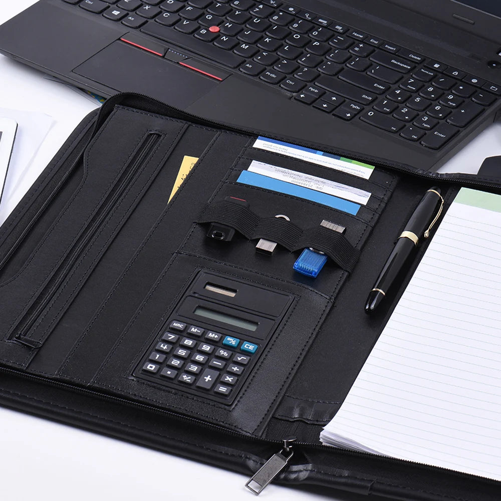 Portafolio de negocios de cuero PU A4 con Reißverschluss &amp; Rechner – Portafolio profesional de documentos para oficinas y reuniones