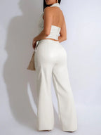Elegantes PU-Leder 2-Teiler Damen Set – Halter Crop Top Rückenfrei & High-Waist Wide-Leg Hose, Sexy Y2K Club & Party Outfit