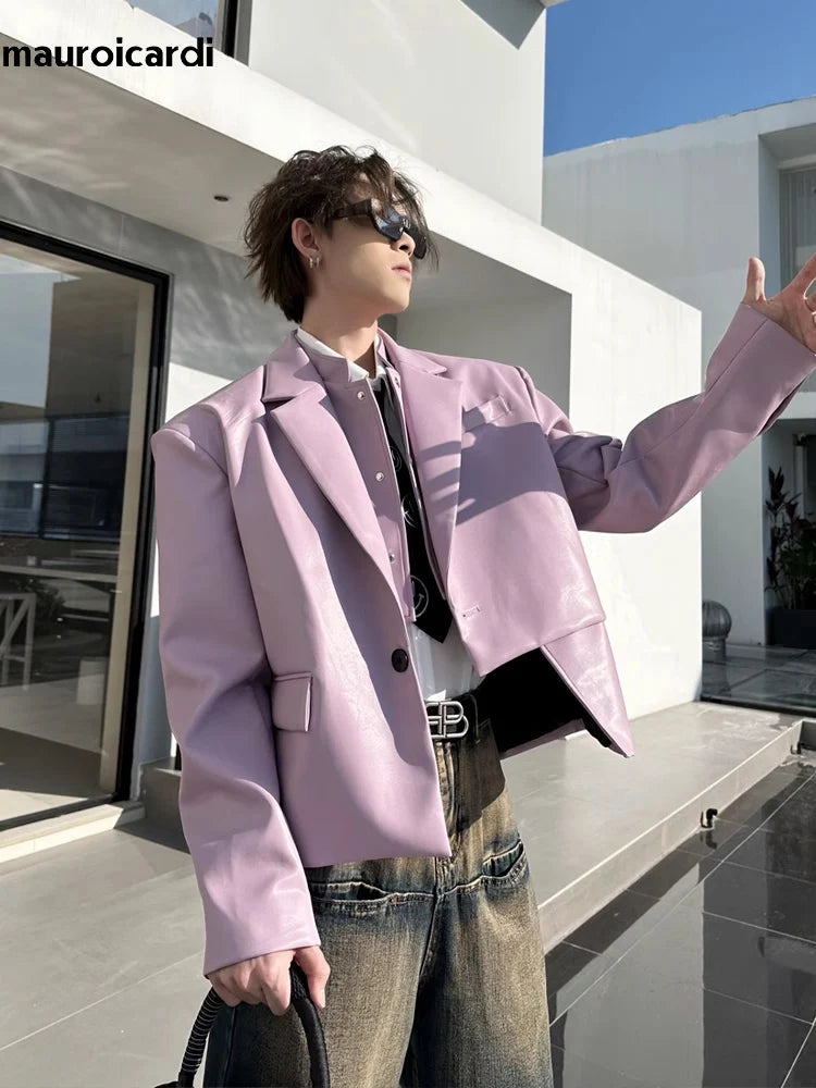 Mauroicardi Herren PU Lederblazer Kurz & Locker – Casual Designer Jacke in Schwarz oder Lila, weiche Lederoptik für Frühling & Herbst