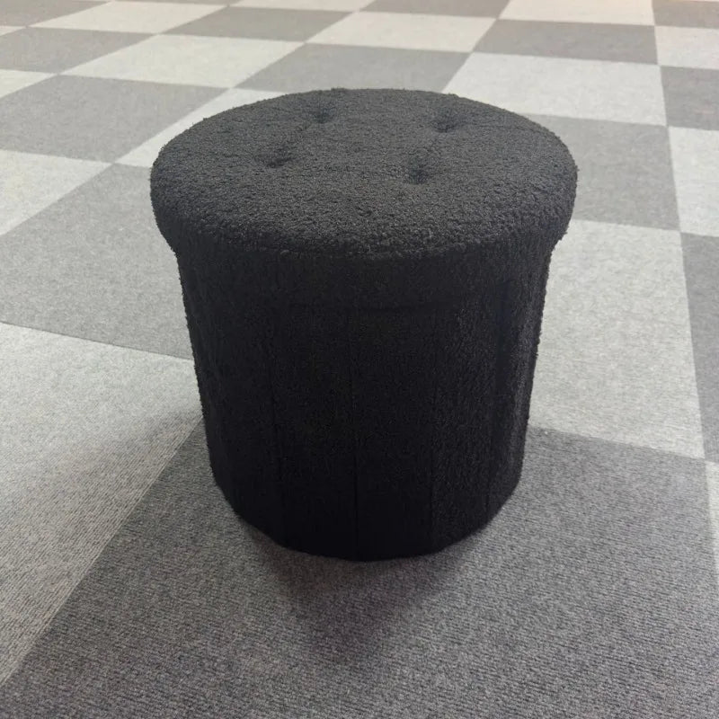Kreativer runder Teddy-Stoff Hocker mit Stauraum – Weicher Bucket Ottoman & Schminkstuhl für Wohnzimmer & Schlafzimmer