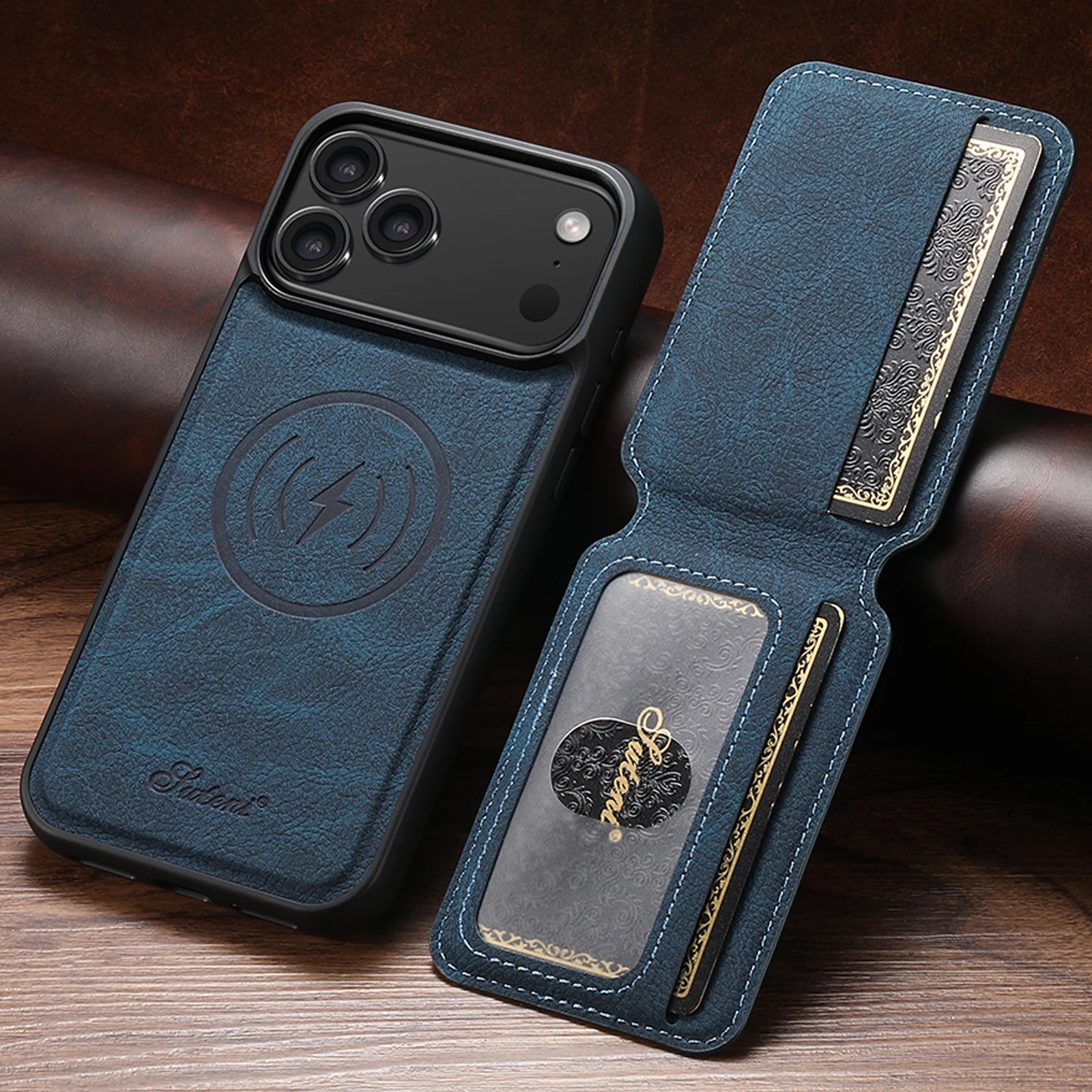 SUTENI Magnetische Wallet-Handyhülle aus Kunstleder mit kabellosem Laden & Standfunktion – Kartenhalter für iPhone 12 bis iPhone 17 Pro Max