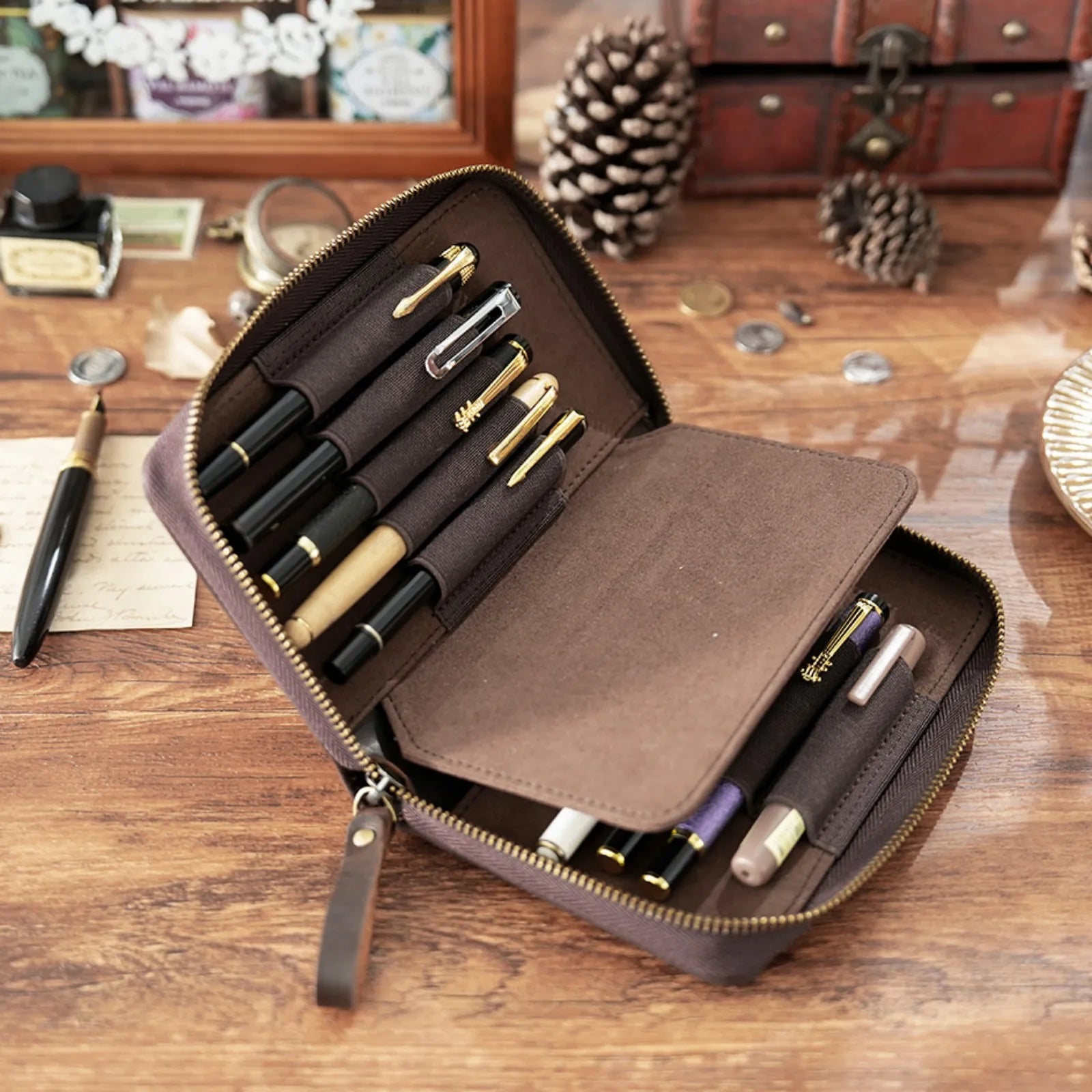Echte Leder Füllfederhalter-Mappe mit Reißverschluss – Stifteetui mit 10 Fächern & großer Kapazität für Büro & Schule