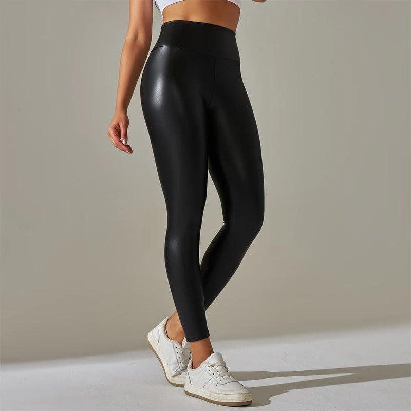Damen High Waist PU Leder Leggings – Sportliche, figurbetonte Lederoptik Leggings in modernen Farben, ganzjährig tragbar