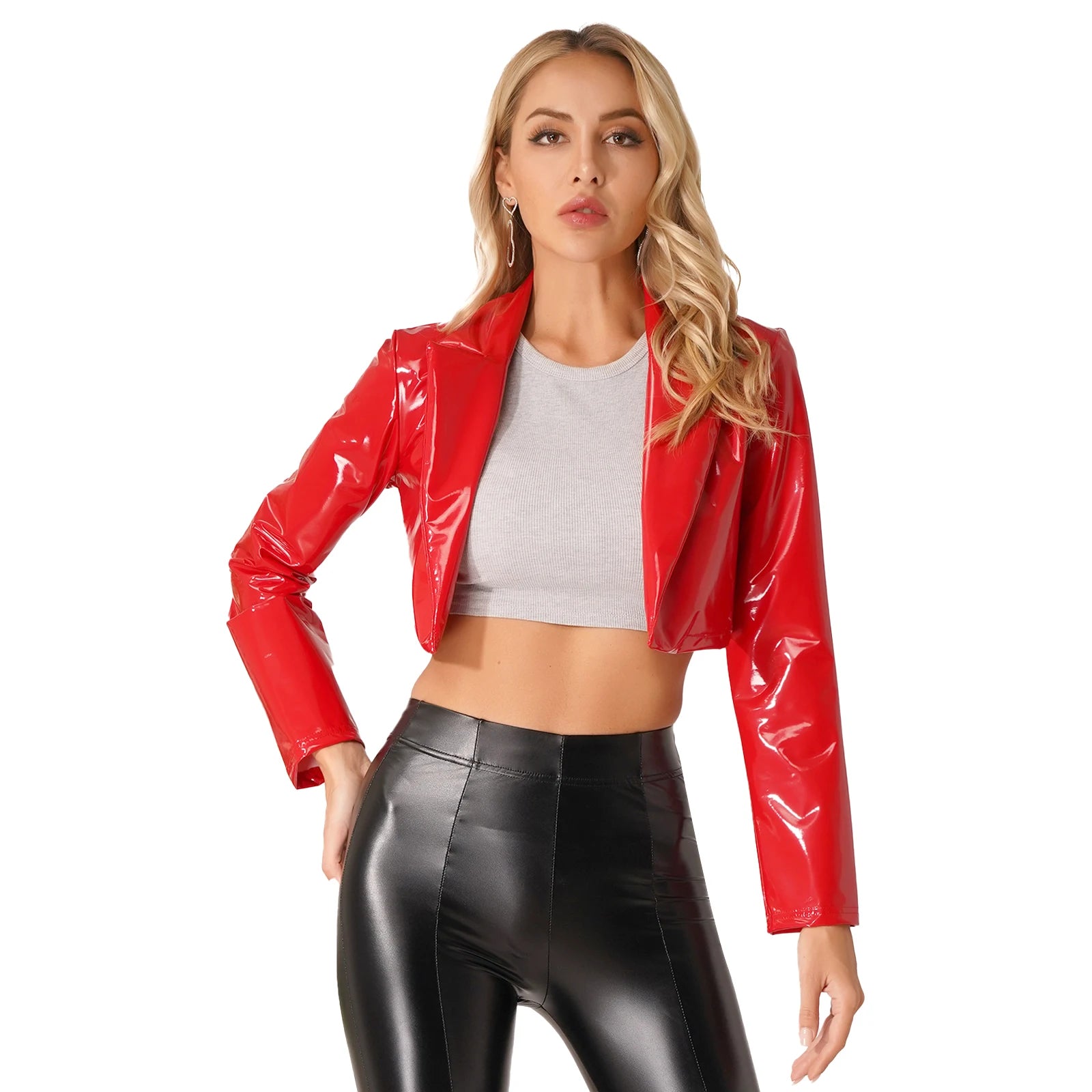 Damen Glänzende Wetlook Lederjacke – Kurze Patentleder Blazerjacke mit Revers, Slim Fit Clubwear für Party & Rave
