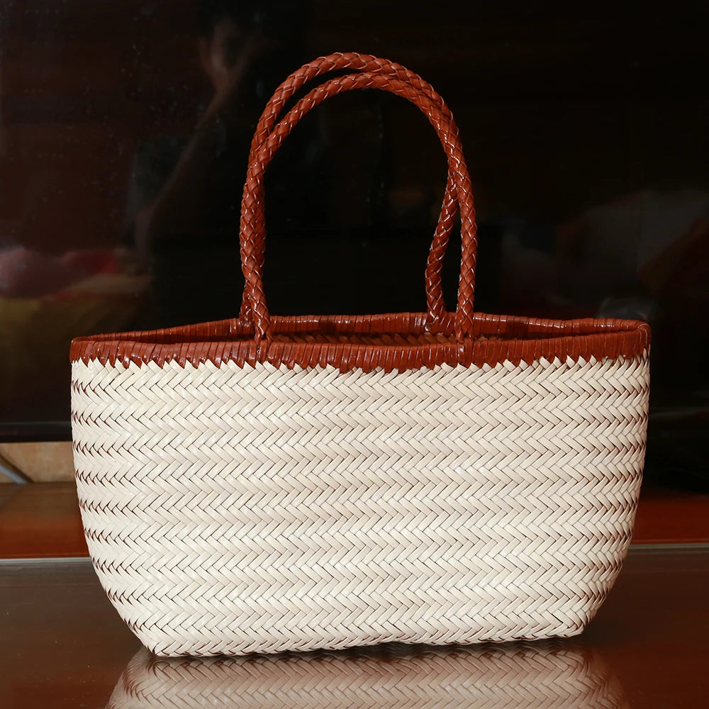 Damen Schultertasche aus echtem Leder – Handgeflochtene Vintage Tote Bag aus Rindsleder, große Shoppingtasche