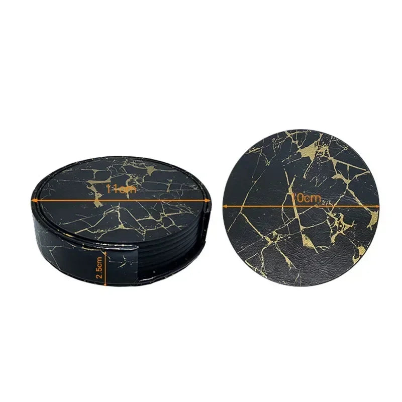 6er Set hitzebeständige PU Leder Untersetzer in Marmor-Optik – Runde Kaffee- & Teeunterlagen in Schwarz/Weiß, pflegeleicht & modern