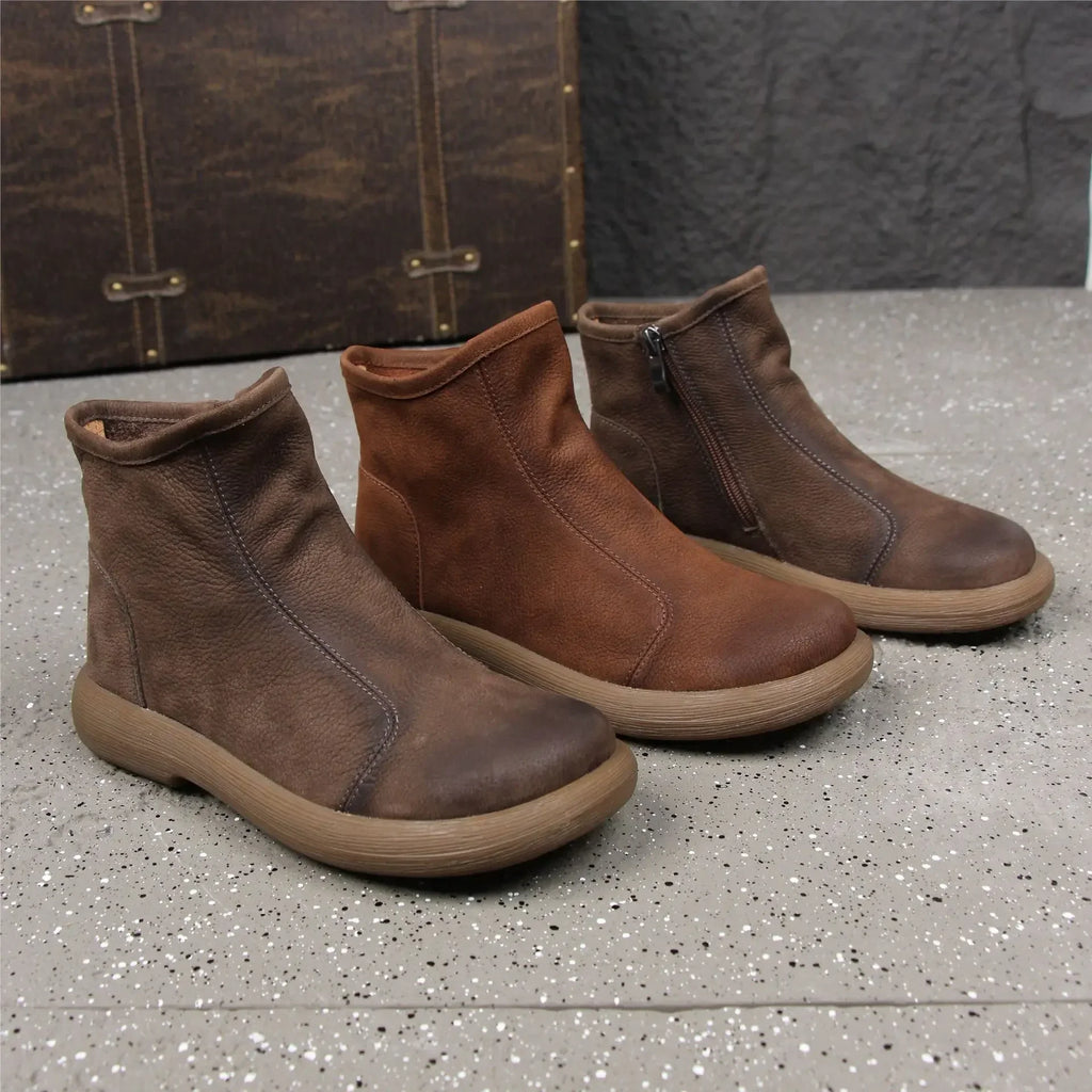 Handgefertigte Damen Stiefeletten aus echtem Leder – Warme Retro Ankle Boots mit Rundspitze &amp; Reißverschluss (Größe 35–45) 
