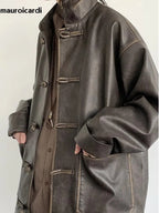 Mauroicardi Herren Oversized PU Lederjacke – Vintage Distressed Designerjacke mit Stehkragen im chinesischen Stil für Frühling & Herbst