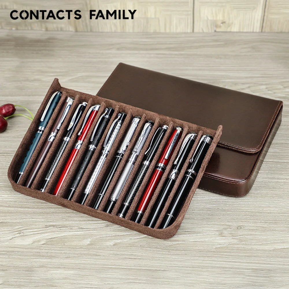 Großes Leder Füllfederhalter Etui mit 12 Steckplätzen – Hochwertiges Pen Case aus echtem Leder für Schule & Büro