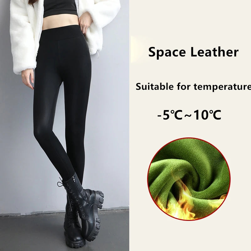 Damen Winter PU Leder Leggings – High Waist, warm gefüttert mit Lammflor, Slim Fit & elastisch in klassischer Lederoptik