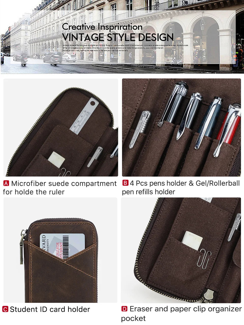 Handgefertigtes Leder Stifteetui mit 4 Fächern – Vintage Crazy Horse Pen Case mit Reißverschluss für Füllfederhalter & Büro
