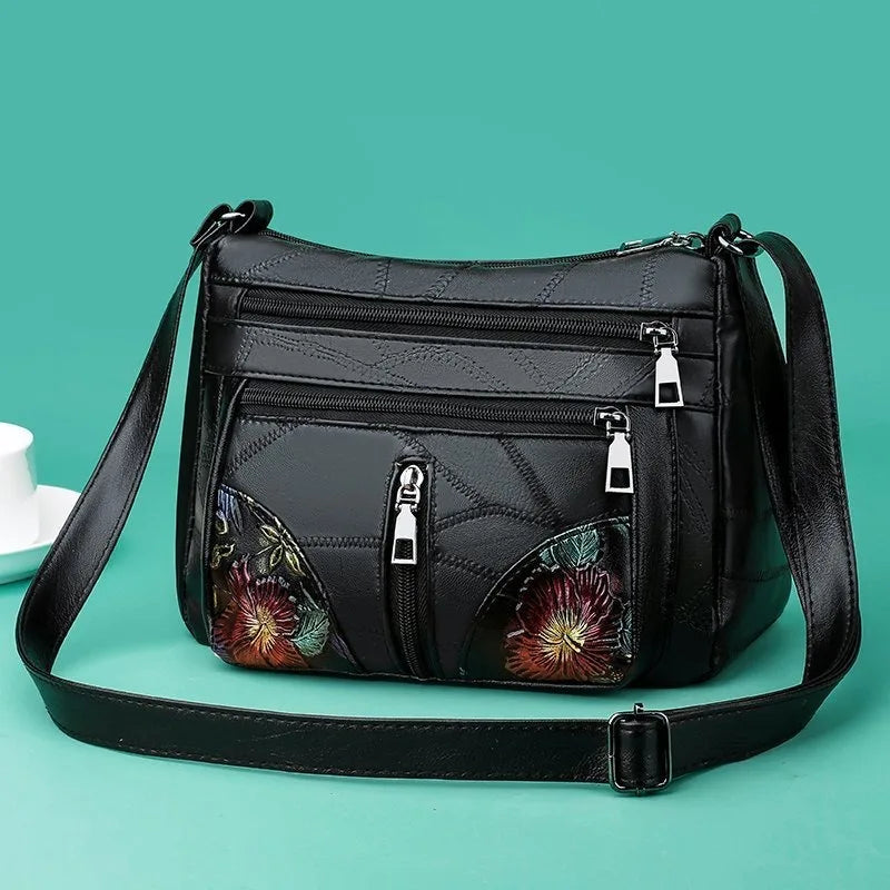Damen PU-Leder Crossbody Bag – Luxus Schultertasche mit Blumenmotiv, Multifach & Alltagstauglich