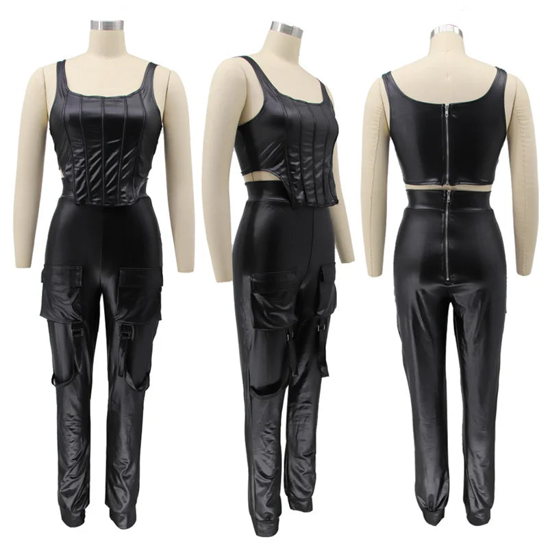 Sexy PU Leder 2-Teiliges Damen Set – Crop Top & High Waist Cargo Hose mit Taschen, figurbetontes Matching Outfit für Party & Club