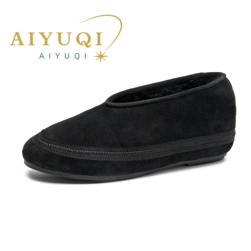 AIYUQI Ballerines d'hiver pour femmes en cuir véritable – Warme Flats mit Fellfutter, Bequeme Winter Schuhe mit spitzer Zehenform 2025 