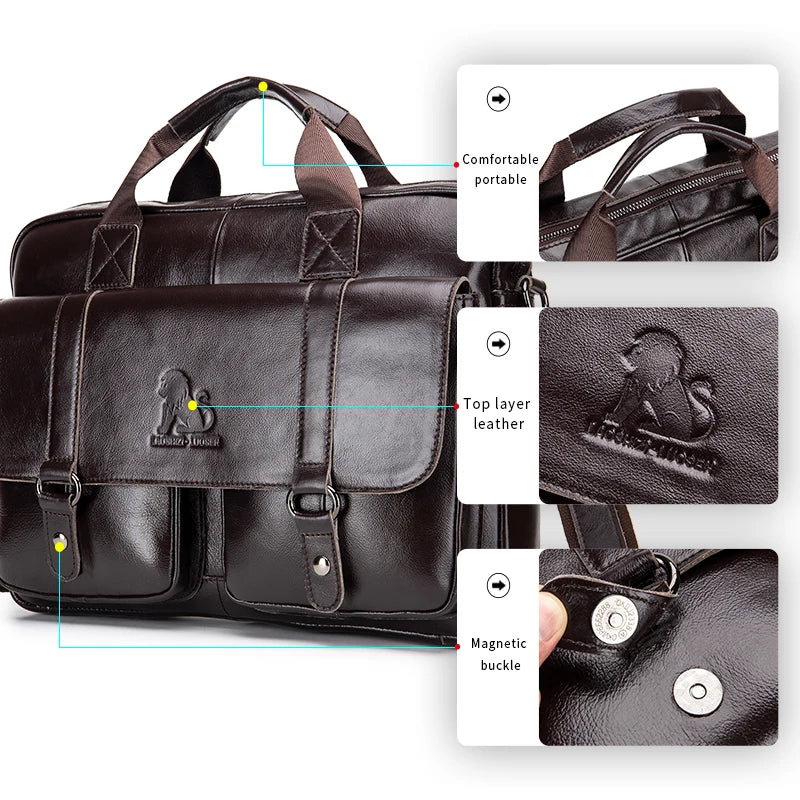 LAOSHIZI Herren Leder-Aktentasche – Echtleder Business Briefcase mit Doppel-Vortaschen &amp; Laptopfach
