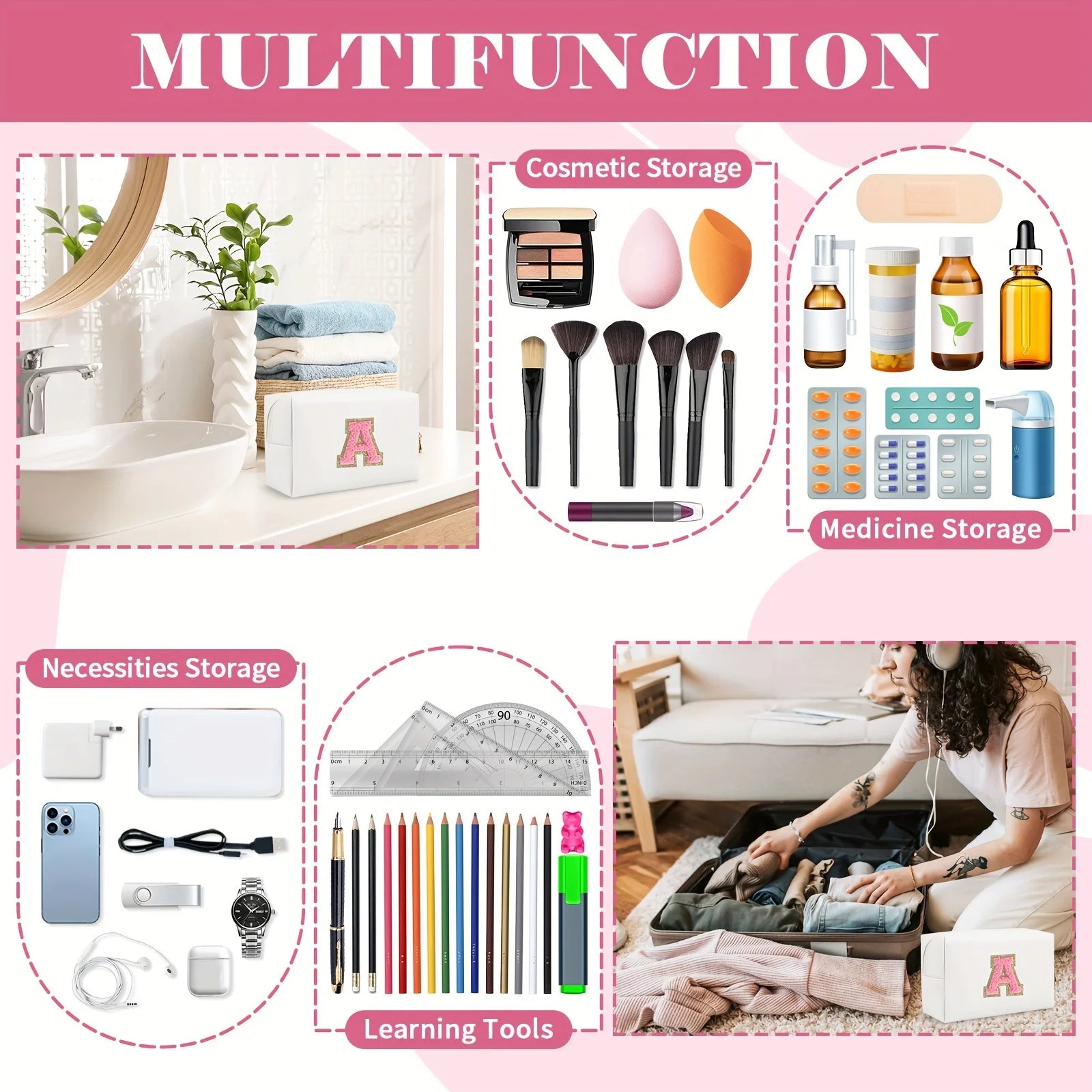 Make-up Tasche mit Initialen – Preppy Kosmetiktasche aus PU Leder, wasserdicht, tragbar & personalisierter Reise-Kulturbeutel