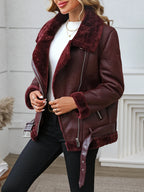 Damen PU Lederjacke mit Kunstfell – Warme Winterjacke für Frauen, Casual Motorrad-Look, Dicke Lederjacke für Herbst & Winter