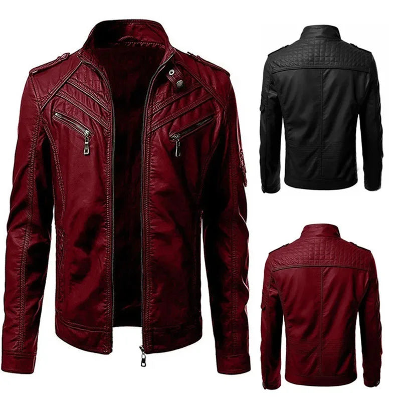 Herren Lederjacke High-End Casual – Eleganter Mantel in Uni-Farbe mit Stehkragen, warm gefüttert, European & American Style für alle Jahreszeiten