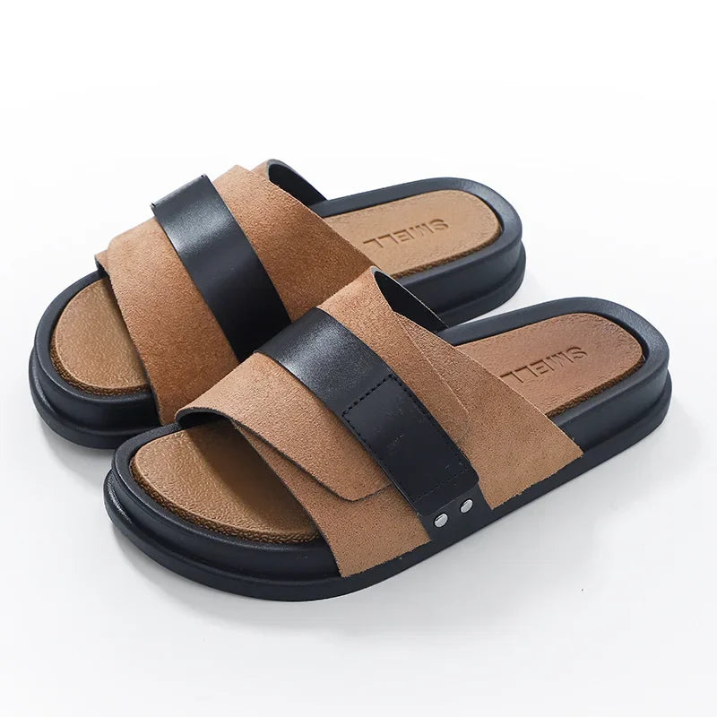 YBQJOO Herren Lederslipper 2023 – Sommerliche Outdoor-Slides, Dicksohlige Casual Sandalen, Bequeme Business- & Freizeit-Hausschuhe