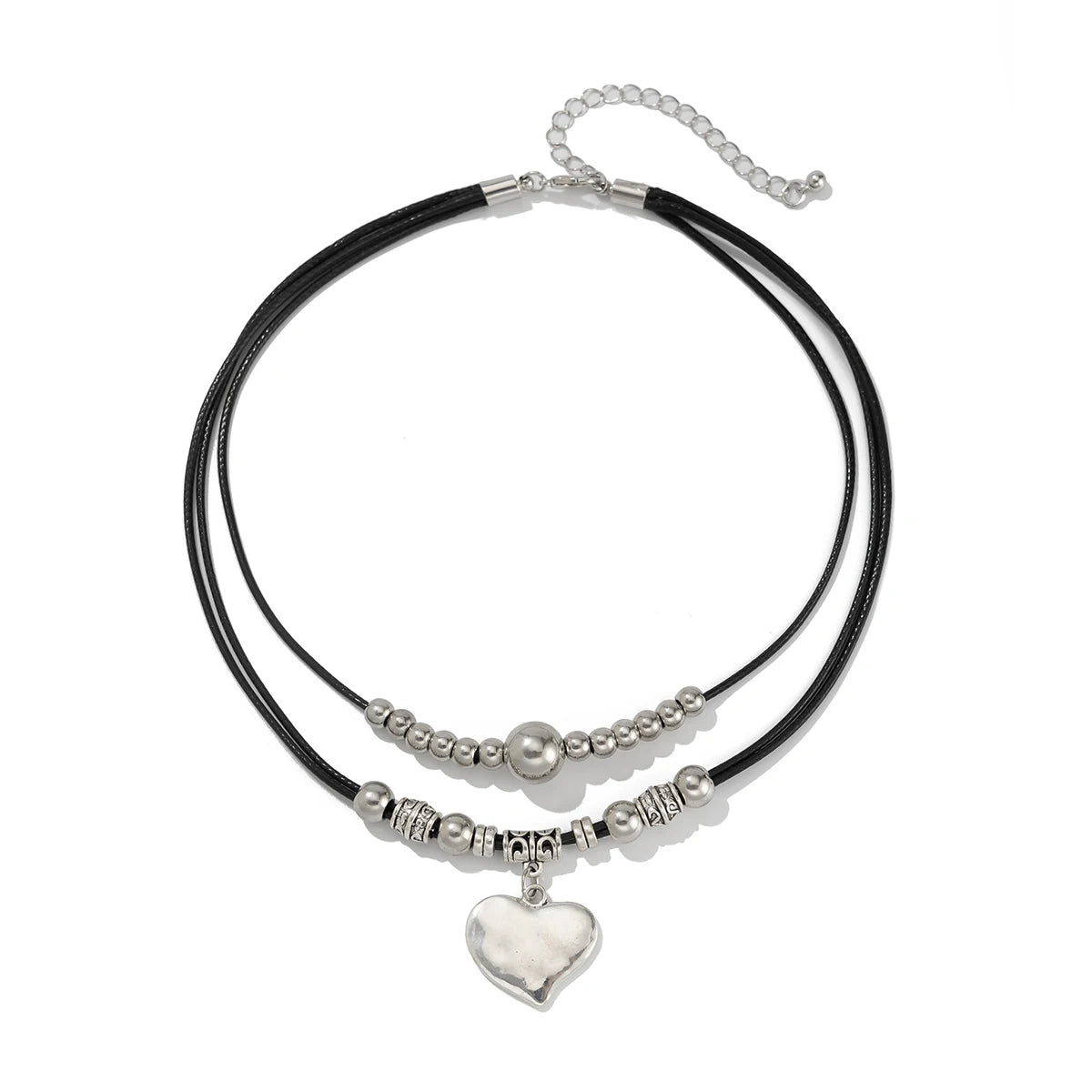 Multilayer schwarze Lederkette im Gothic Style – Wachsfaden Halskette mit Herz-Pailletten Anhänger für Damen, trendiger Party-Schmuck