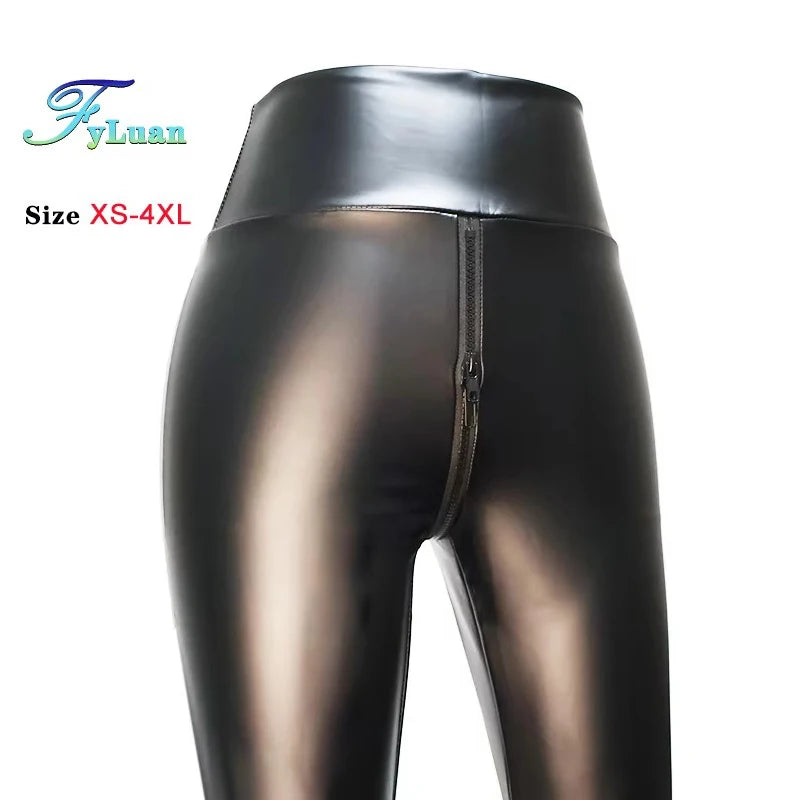 Damen PU Lederleggings High Waist – Matte Push-Up Leggings mit Doppelreißverschluss, Stretch & Knöchellänge