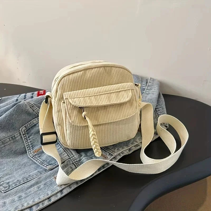 Cord Crossbody Bag für Damen – Lässige Harajuku Schultertasche aus Cord mit Reißverschluss, verstellbarem Gurt & mehreren Fächern in Beige