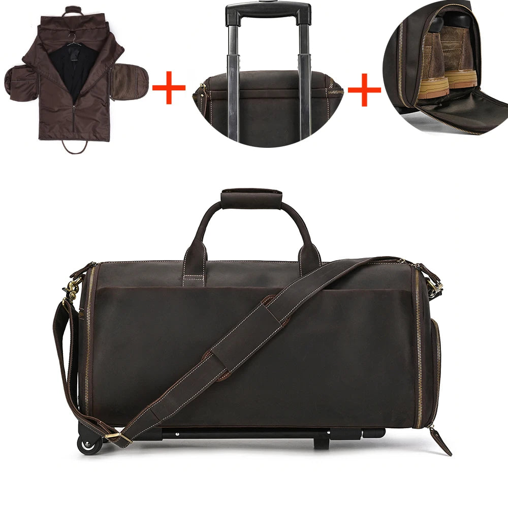 Luufan Business Leder Trolley Reisetasche mit Rollen - Haute qualité Crazy Horse Echtleder Reisetasche für Herren mit Schuhfach &amp; Kleidersack 