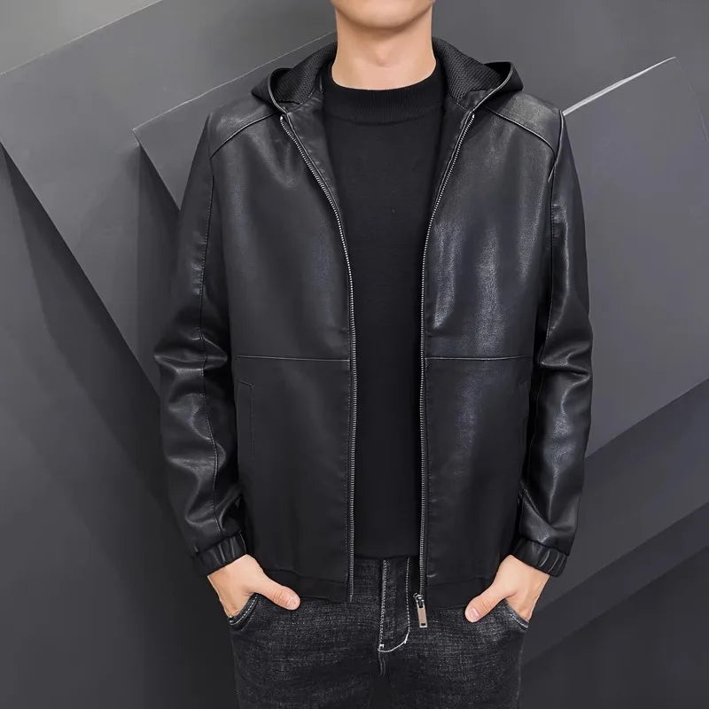 Herren PU-Lederjacke mit Kapuze – Schwarze Motorradjacke im Casual Streetwear Style für Herbst & Winter