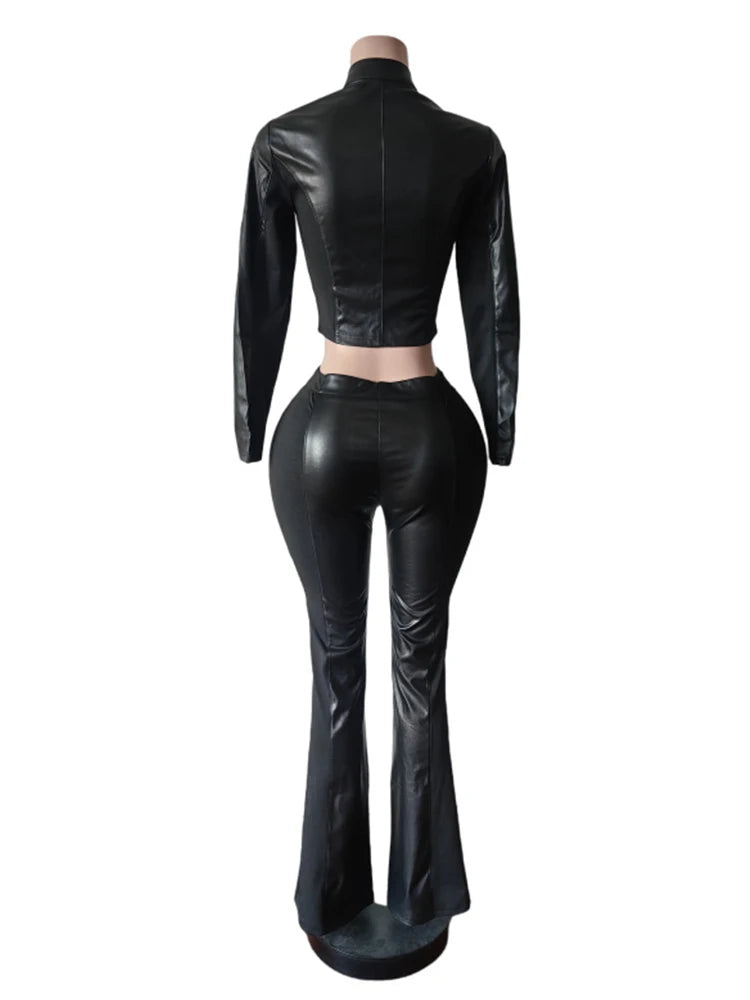 Kliou Damen PU-Leder 2-Teiler Set: chaqueta con cremallera de patchwork contrastante y medias ajustadas, conjunto urbano urbano para hierbas e invierno