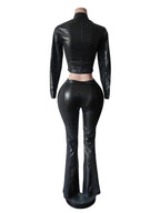 Kliou Damen PU-Leder 2-Teiler Set: chaqueta con cremallera de patchwork contrastante y medias ajustadas, conjunto urbano urbano para hierbas e invierno