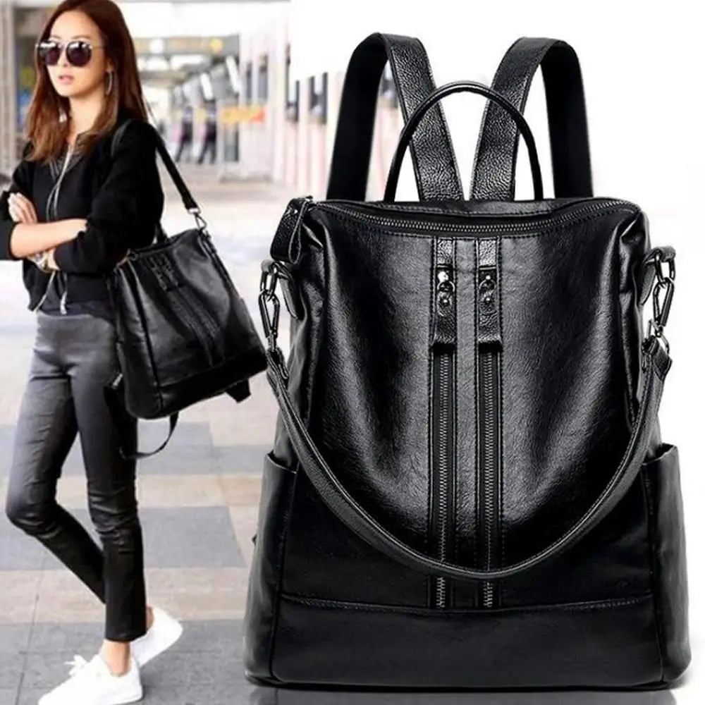 Damen Soft PU Leder Rucksack Schwarz – Multifunktionale College- & Schultertasche mit großem Stauraum für Alltag & Reisen