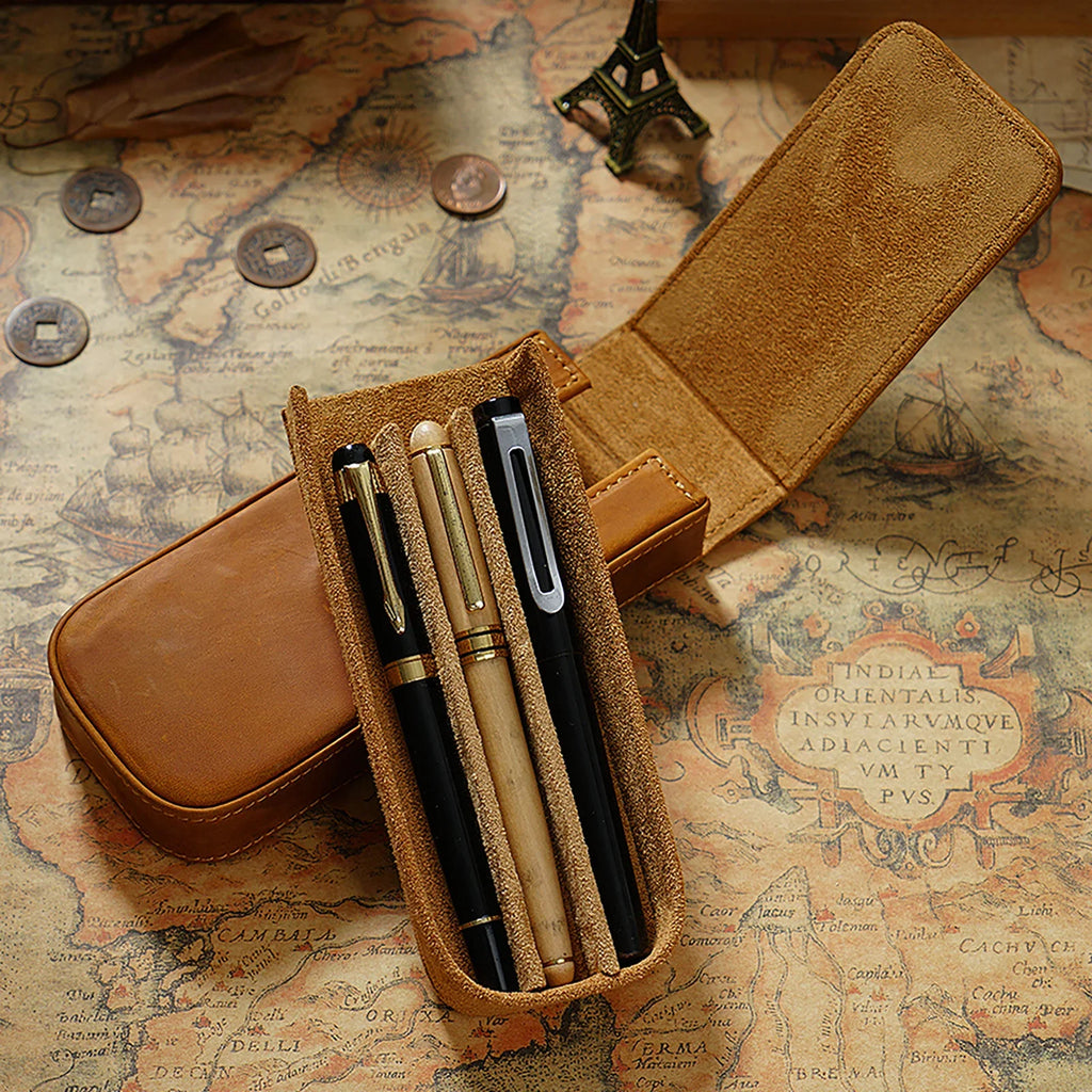 Étui à stylos en cuir véritable avec étui magnétique – Étui à stylos en cuir Crazy Horse pour 3 étuis avec étui à stylos