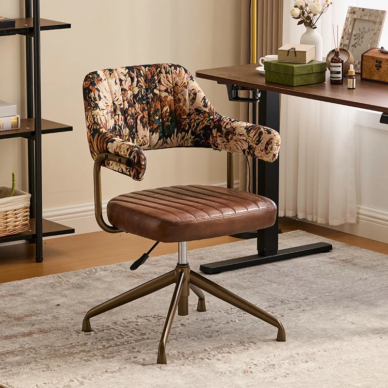 Retro Bürostuhl aus braunem Leder & Stoff – Höhenverstellbarer Drehstuhl mit Rollen und Armlehnen für Home Office & Arbeitszimmer