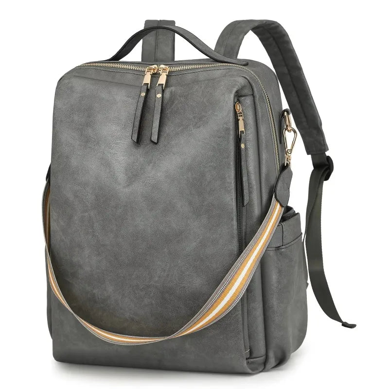 Großer Damen Laptop Rucksack aus PU-Leder – Wasserfester Anti-Diebstahl Retro Rucksack für Reise, Universität & Alltag (36–55 L)