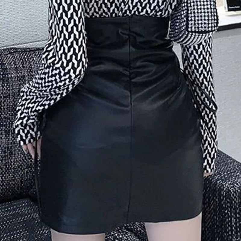 BIYABY Damen Leder Minirock – Gothic High-Waist Pencil Skirt mit Schnürung, Slim Fit Kunstlederrock mit Reißverschluss & Schlitz