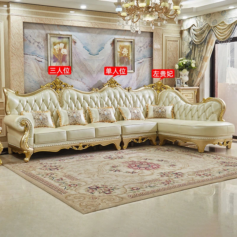 Europäisches Leder Ecksofa im französischen Stil – Massivholz Wohnzimmersofa in Champagner-Gold, L-Form Kombination