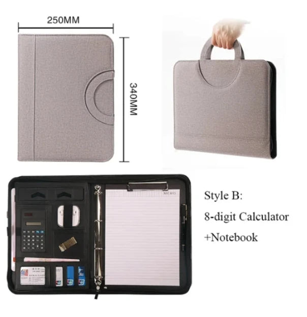 A4 PU-Leder Business Dokumententasche mit Reißverschluss & Taschenrechner – Konferenzmappe mit Griff | Tragbare Aktenmappe & Tablet-Organizer fürs Büro