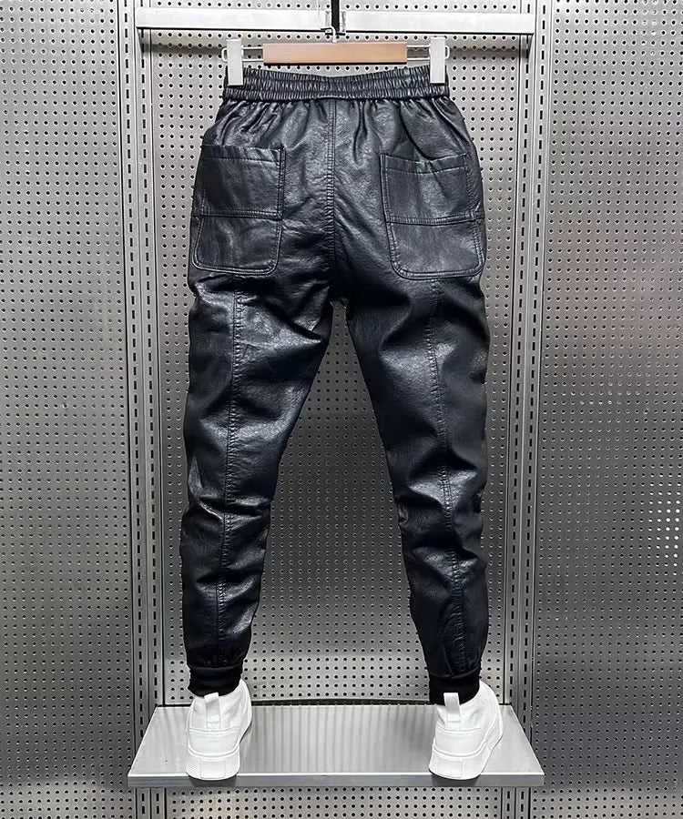 Pantalons d'art hip-hop pour hommes dans le style Harajuku - Pantalons de style streetwear en cuir avec cordon élastique, pantalons sarouel décontractés noirs