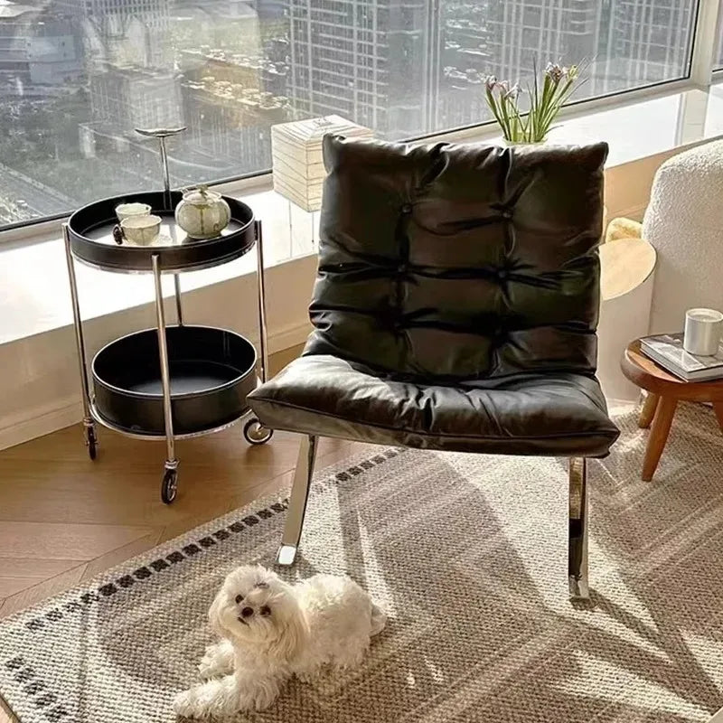 Nordischer Luxus Lounge Chair aus Echtleder – Designer Einzelsessel mit Edelstahlgestell & Armlehnen für Wohnzimmer & Schlafzimmer