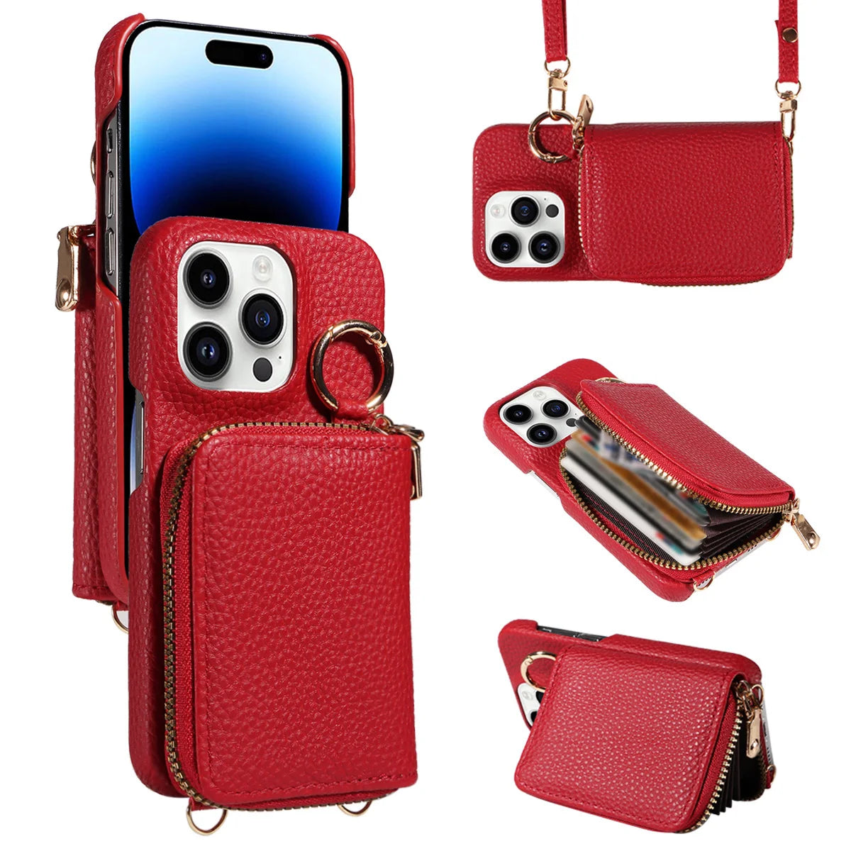 Hochwertige Faux-Leder Umhänge-Handyhülle für iPhone 16e 16 15 14 13 12 11 Pro Max – Crossbody Wallet mit Kartenfach, Stoßfest & Anti-Degaussing